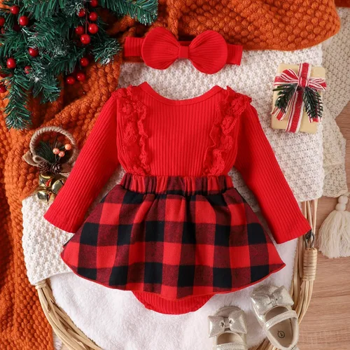 Miniatura 3 de Ehfomius Conjunto de mameluco de Navidad para bebé niña, con volantes, de manga larga, a cuadros, con diadema