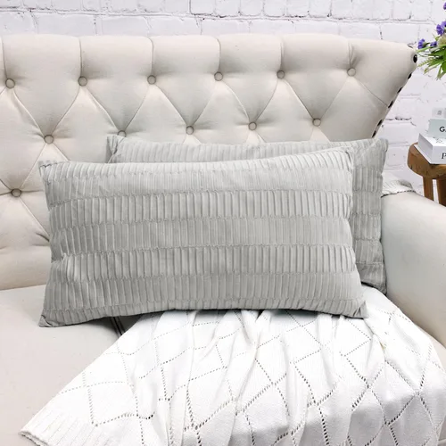 Miniatura 9 de Juego de 2 fundas de almohada decorativas de terciopelo a rayas plisadas de 14 x 26 pulgadas, funda de cojín rectangular suave y elegante para sofá