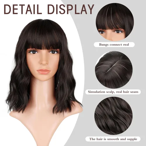Miniatura 4 de VCKOVCKO Pelucas cortas de ondas naturales peluca marrón natural con flequillo de aire, para mujer, longitud al hombro, rizadas, onduladas, A