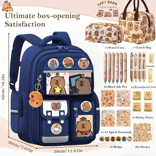 Miniatura 2 de Mochila Capybara impermeable, bolsa capybara Kawaii de gran capacidad con accesorios de 31 piezas, Azul