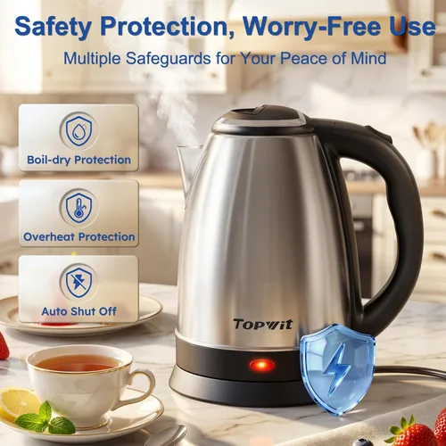 Miniatura 5 de TOPWIT Hervidor eléctrico de agua caliente, hervidor eléctrico de acero inoxidable de 2.0 L, hervidor de té y café, calentador de agua sin BPA con F