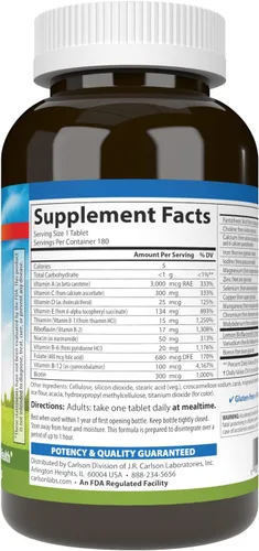 Miniatura 2 de Carlson - Super 1 Diario, Fórmula múltiple vegetariana, multivitamínico, bienestar óptimo, 180 tabletas