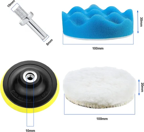 Miniatura 2 de Kit de 10 almohadillas de pulido de automóvil de 4 pulgadas, juego de esponja y almohadilla de pulido de lana con adaptador de taladro M10, kit