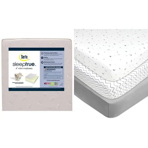 Delta Children Serta SleepTrue Mini Colchón de Cuna y Juego de 3 Sábanas Bajeras Ajustadas para Mini Cuna de American Baby Company para Niños y Niñas