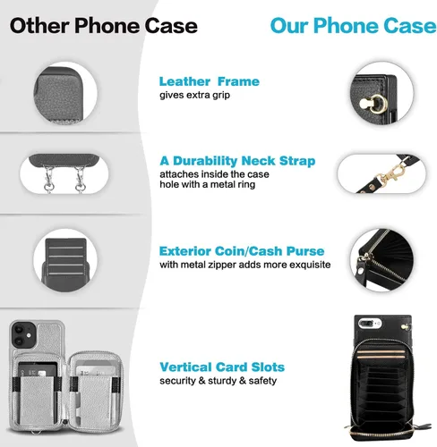 Miniatura 6 de Funda para iPhone 11 con cremallera de cuero con ranuras para tarjetas, funda protectora para teléfono con cordón para mujeres y niñas, a prueba