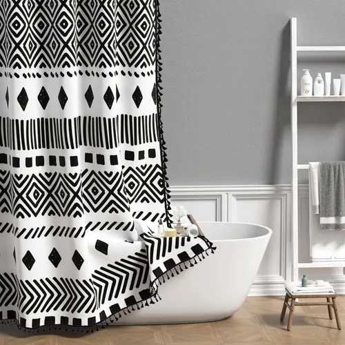 Miniatura 12 de AOFOTO Cortina de Ducha Boho con Patrón Geométrico de Rayas Negras Cortinas de Ducha para Baño con Borlas Cortina de Ducha Bohemia Decoración