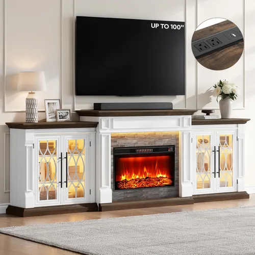 Miniatura 16 de Chimenea eléctrica de 72 pulgadas con chimenea, soporte de TV para televisores de hasta 80 pulgadas, centro de entretenimiento de granja con Blanco
