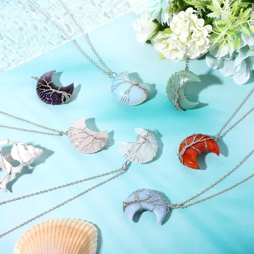 Miniatura 3 de Sherr 15 collares de luna creciente de árbol de la vida, collares de cristal curativo, envoltura de alambre, piedras preciosas naturales, colgante