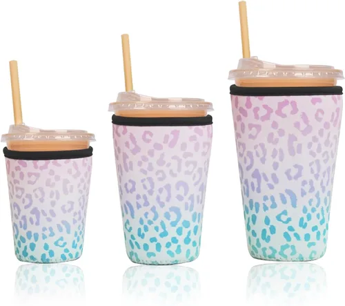 Miniatura 42 de Funda aislante reutilizable para taza de café helado, paquete de 3 fundas de neopreno para bebidas frías y calientes, soporte para bebidas para café