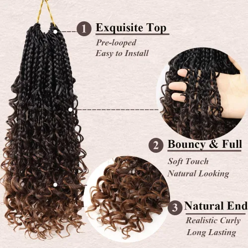 Miniatura 2 de Goddess Box Braids 1B3330 - Trenzas de ganchillo bohemias de 10 pulgadas para mujeres negras, paquete de 7 paquetes de trenzas bohemias preenlazadas