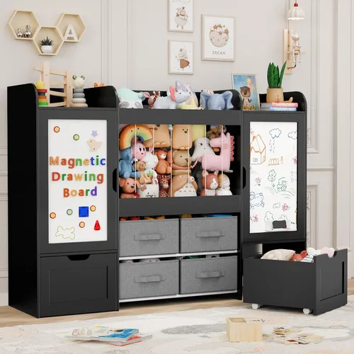 Miniatura 8 de Organizador de juguetes para niños de 61 pulgadas de ancho, estantería con 2 tablas magnéticas de dibujo, almacenamiento de animales de peluche, 2