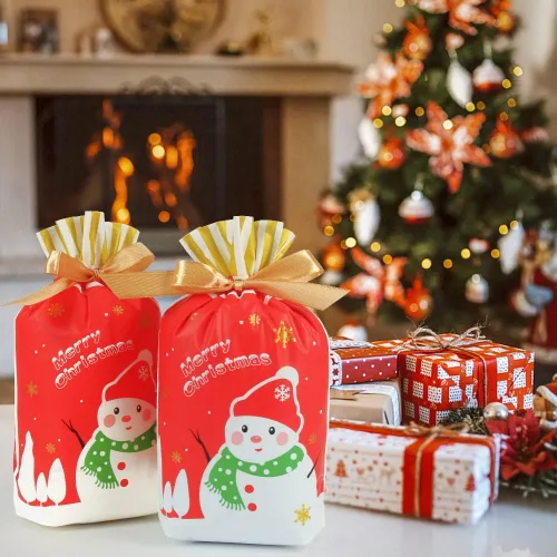 Miniatura 5 de HRX Package 50 bolsas de regalo de Navidad, 5.8x9x2.4 pulgadas, bolsas de golosinas con cordón de caramelos para regalos de comida, galletas de Rojo