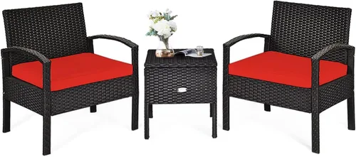 Miniatura 7 de RELAX4LIFE Juego de 2 sillas de patio con mesa auxiliar, juego de 3 sillas de porche con cojines extraíbles y mesa de cristal, sillas de mimbre