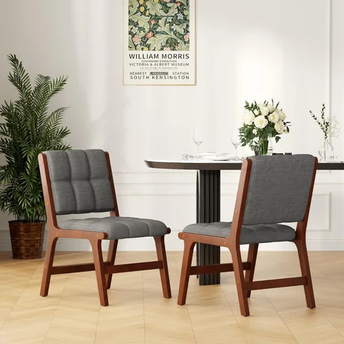 Miniatura 10 de Furniliving Juego de 4 sillas de comedor de madera de roble, sillas de cocina tapizadas de lino moderno de mediados de siglo con madera de roble