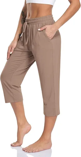 TARSE Pantalones capri de yoga para mujer, holgados, suaves, con cordón, pantalones de entrenamiento casuales con bolsillos