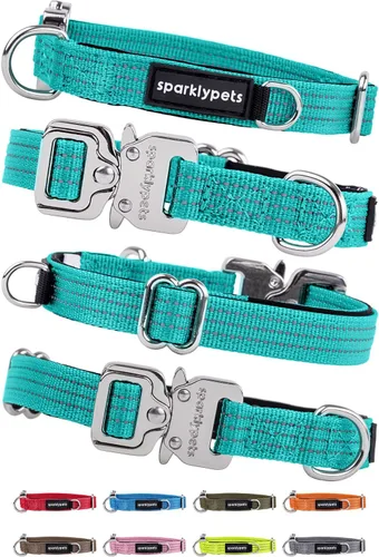 Miniatura 29 de SparklyPets Collar de perro ancho de servicio pesado con hebilla cromada de liberación rápida, collar táctico grueso para perro con rayas Azul