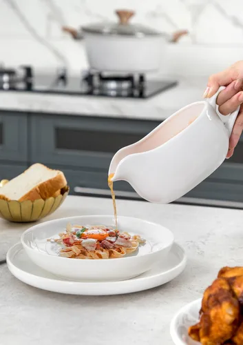 Miniatura 5 de Nucookery Salsa grande de 18 onzas con calentador, salsas de porcelana fina blanca con boquilla grande antigoteo, cuenco de salsa para Acción