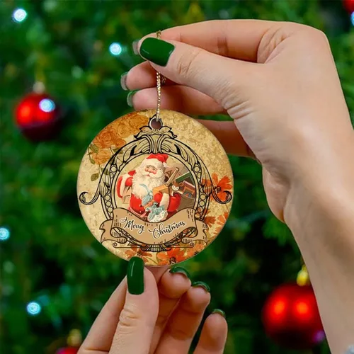 Miniatura 4 de Adorno de Navidad de cerámica con diseño retro de dos lados impresos, novedad para familiares, amigos y niños, colgantes de recuerdo de Navidad