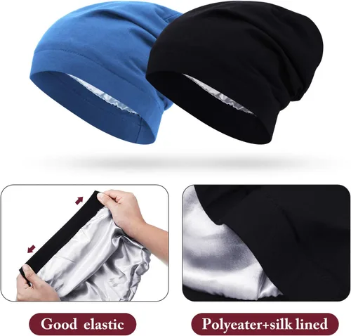 Miniatura 25 de 4 Pieces Satin Lined Beanie Cap Satin Sleep Lined Hat Slouchy Beanie Hat Night Silk Hair Cap for Women Men
