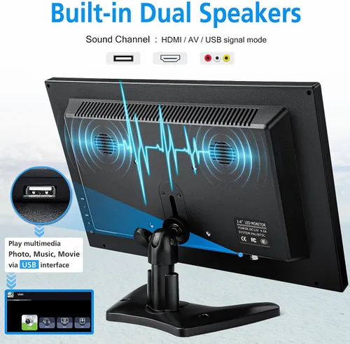 Miniatura 4 de Haiway Monitor de seguridad de 14 pulgadas, resolución de 1366 x 768, monitor de PC pequeño con altavoces integrados con puertos HDMI/VGA/BNC/AV