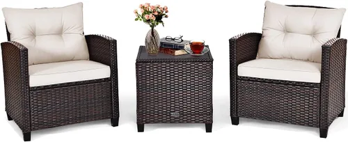 Tangkula Juego de muebles de patio de 3 piezas, mimbre de ratán PE, juego de sofá de 3 piezas para exteriores con cojín lavable y superficie de mesa