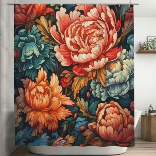 Cortina de ducha de flores coloridas para baño, juego de cortina de ducha retro abstracta con hojas verdes, estilo bohemio, tela roja y azul,