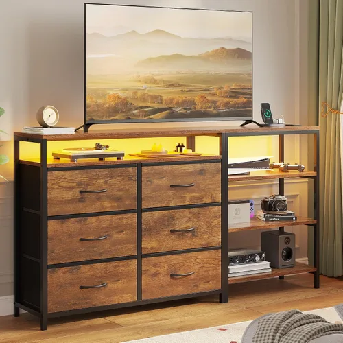 Miniatura 9 de Soporte de TV para 60 Pulgadas, Cómoda con Estación de Carga y Luces LED, 9 Cajones de Tela, Centro de Entretenimiento y Mesa Consola Industrial