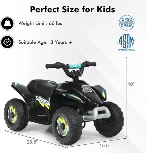Miniatura 7 de DORTALA ATV para niños, auto de juguete motorizado alimentado por batería de 6 V, ruedas antideslizantes, Quad eléctrico de 4 ruedas para niños de 3