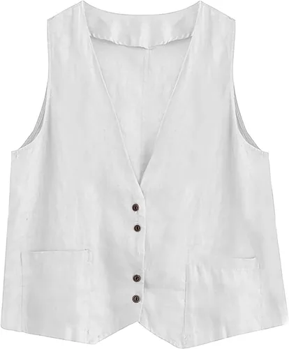 Miniatura 18 de COTECRAM Chaleco de lino de algodón para mujer, casual, sin mangas, con botones, ligero, para verano, holgado, ropa de abrigo