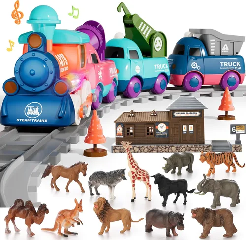 Miniatura 7 de Juego de tren eléctrico para niños pequeños, juguetes de tren magnético con luz y música, juego de pista de tren para niños pequeños de 3 a 5 años