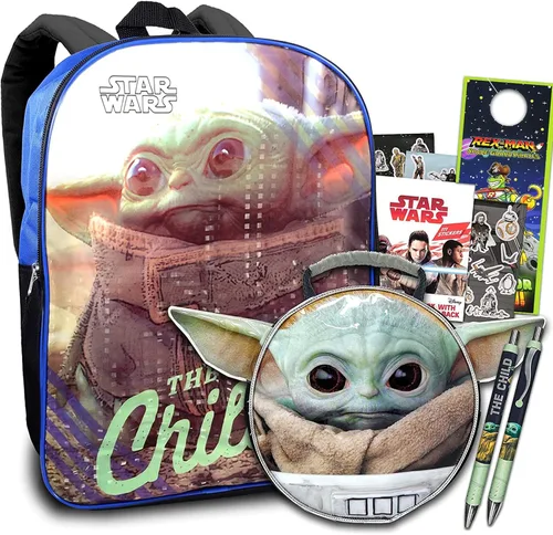 Disney Mochila Baby Yoda con juego de lonchera Paquete con mochila escolar Baby Yoda de 15 pulgadas, lonchera Yoda para bebé, calcomanías, más