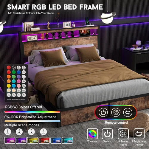 Miniatura 3 de Fabulis Marco de cama tamaño completo con 4 cajones de almacenamiento y cabecero con estación de carga y luces LED, almacenamiento de cabecero