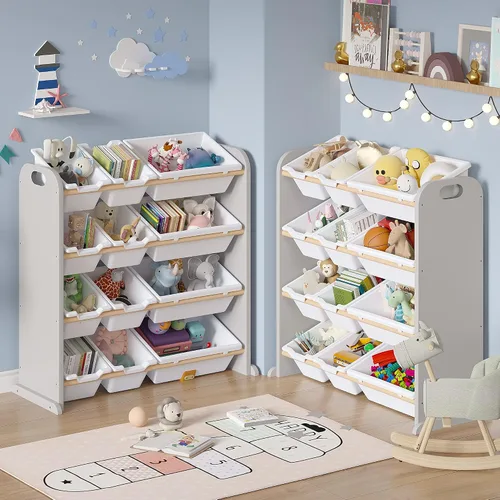 Miniatura 2 de VECELO Estantería para niños con 12 contenedores, estante de madera para juguetes para niños pequeños, almacenamiento de gran capacidad para libros