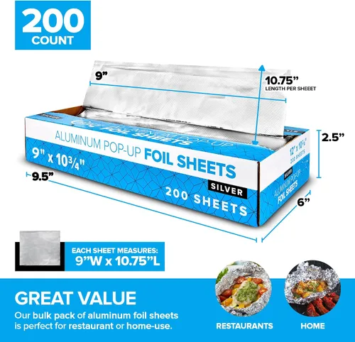 Miniatura 2 de 200 hojas de papel de aluminio precortadas para delicatessen - Hojas emergentes de 9 pulgadas para restaurante, cubiertas desechables para alimentos