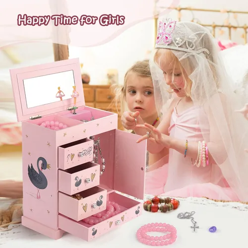 Miniatura 7 de Joyero grande para niñas, caja musical de 5 capas con puerta batiente, bailarina giratoria, juego de joyas de unicornio incluido, caja organizadora