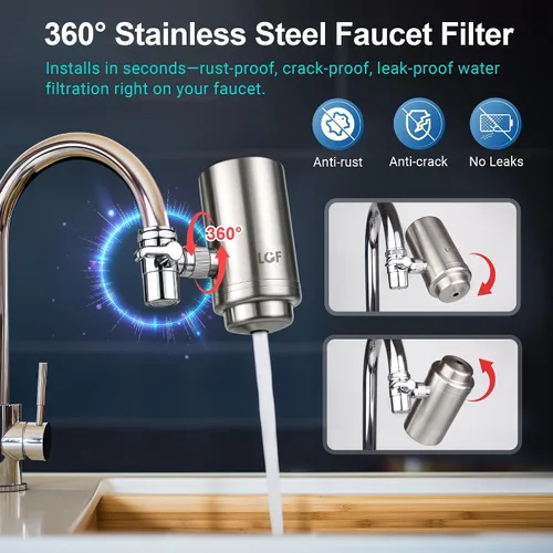 Miniatura 8 de LCF Filtro de agua giratorio de acero inoxidable de 360° – Alto flujo, filtro de agua del grifo mejorado con minerales, reduce el cloro, metales