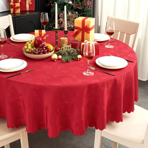 Miniatura 34 de Mantel redondo de tela de 60 pulgadas, mantel con diseño de hojas, borde festoneado, mantel sedoso, impermeable, resistente a las arrugas, lavable