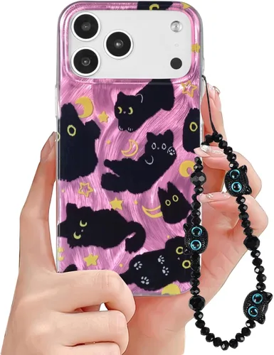 Miniatura 11 de Funda de teléfono para iPhone 11 con patrón de gato lindo, estética, genial y femenina con correa de encantos de teléfono y cadena, funda protectora