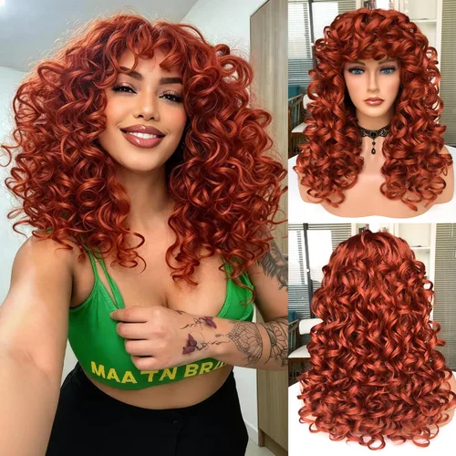 Miniatura 17 de Pelucas afro rizadas para mujeres negras, peluca larga y rizada con flequillo, fibra sintética esponjosa, sin pegamento, para cosplay y uso diario