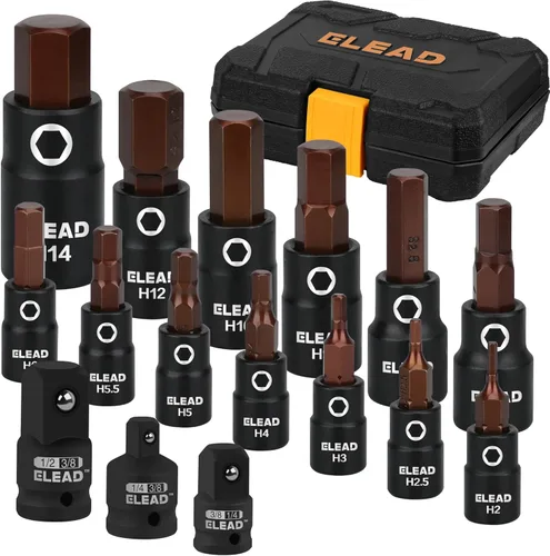 Miniatura 12 de Juego de 16 piezas de enchufe de impacto de broca hexagonal SAE - Juego de enchufe Allen de acero S2 premium de 5/64"-9/16" con adaptadores