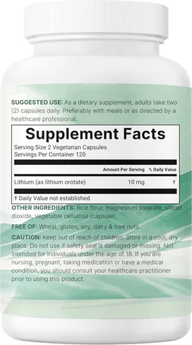 Miniatura 6 de Orotato de litio de 10 mg, 240 cápsulas vegetales 5 mg por cápsulas Mineral traza de alta biodisponibilidad Envejecimiento saludable