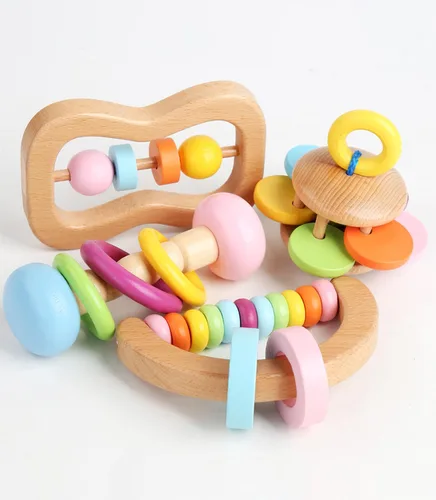 Miniatura 7 de 6 piezas de sonajero de madera para bebé, juego de sonajeros de mano de bebé orgánicos coloridos, sonajeros de madera para bebés de 0-6-12 meses