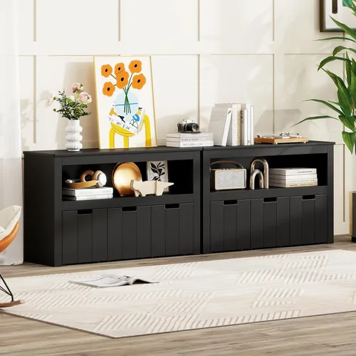 Miniatura 2 de HONEY JOY Organizador de almacenamiento de juguetes para niños, estante de guardería para niños, 3 cajas de juguetes de madera con ruedas, armario