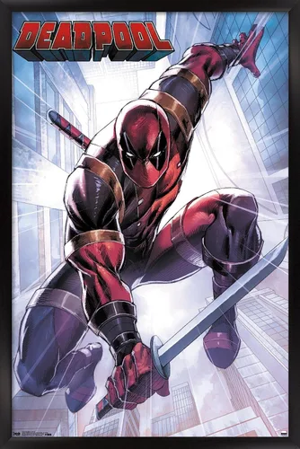 Trends International Marvel Comics Deadpool - Póster de pared de ataque, 22.375 x 34 pulgadas, versión enmarcada en negro Versión con marco negro