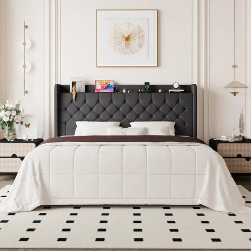 Miniatura 13 de Allewie - Base de cama tamaño King, cabecero con almacenamiento y estación de carga, tapizado en terciopelo, botones cosidos en forma de diamante