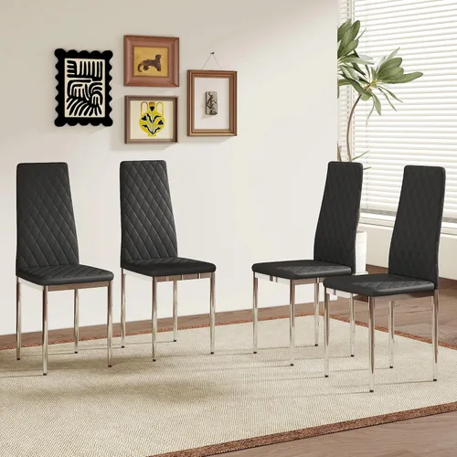 Miniatura 9 de Juego de 4 sillas de comedor modernas, de piel sintética negra, juego de 4, sillas tapizadas con respaldo alto con patas de metal plateado