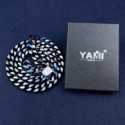 Miniatura 47 de YAMI Cadena de eslabones cubanos para hombre, azul/negro/oro de 14 quilates, acero inoxidable de 0.394-0.472 in de grosor, collar de cadena