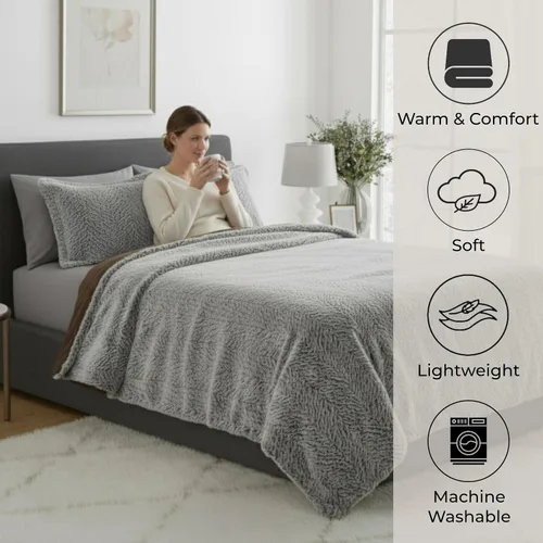 Miniatura 5 de Lavish Home Juego de edredón tamaño King, manta de piel sintética de 3 piezas estilo visón y 2 fundas de almohada, acogedor juego de ropa de cama