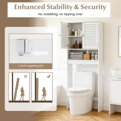 Miniatura 7 de Giantex Armario de almacenamiento sobre el inodoro, organizador de baño de 3 niveles con 2 puertas con rejillas, estante ajustable, independiente