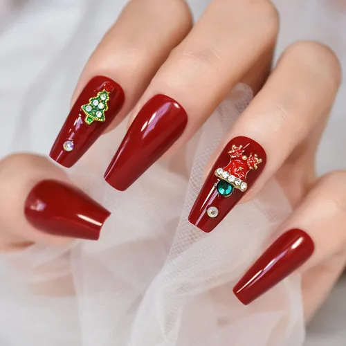 Miniatura 4 de ELEVENAIL Uñas de Navidad con caja de regalo de dibujos animados de diamantes de imitación 3D, ciervo, árbol rojo, uñas postizas medianas largas